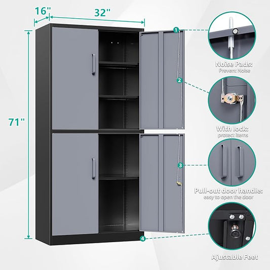SISESOL Metal Storage Cabinets with Doors and Shelves,71" Metal Garage Storage Cabinet with Lock,Gray Steel Cabinet with Locking Doors,4 Door Lockable Cabinets for Garage,Home,Office