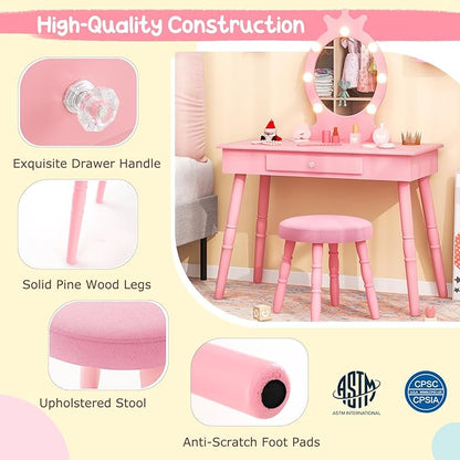 Costzon Kids Vanity, Girls Vanity Set with Mirror and Stool and Lights, Drawer, 2 in 1 Wooden Makeup Vanity Desk Dressing Table, Kids Vanity Table and Chair Set (Pink)