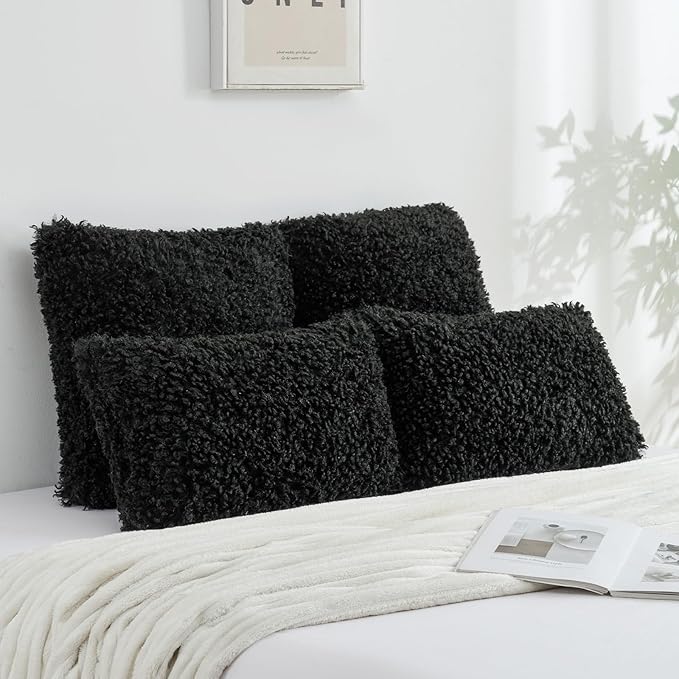 FUTEI Black Decorative Throw Pillow Covers 20x20 Inch Set of 2,Soft Fluffy Faux Wool Fur Boucle Textured Cushion Case,Modern Home Decor for Couch Bed Living Room Office