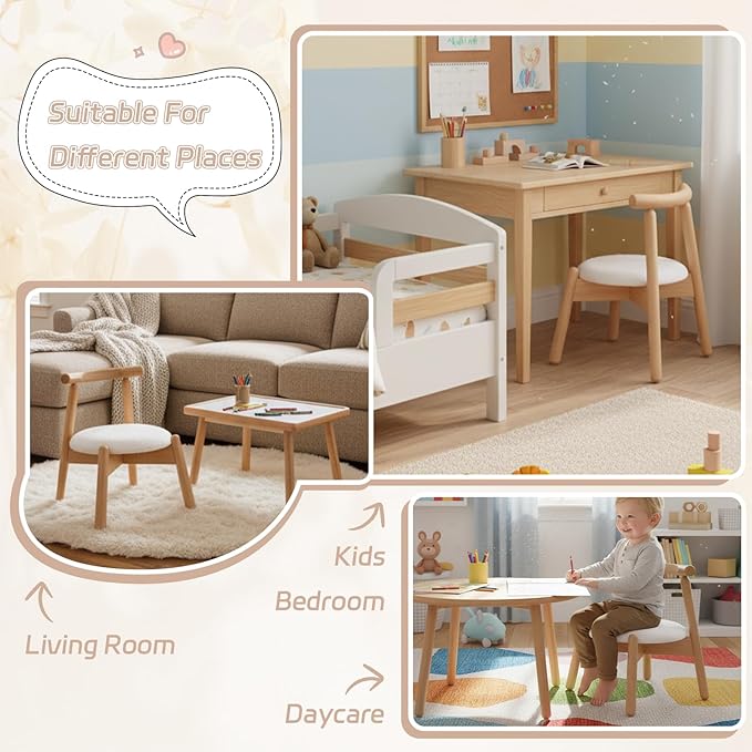 Kid Chair, Shepra Toddler Chairs Comfy Reading Chair for Kids Bedroom, Activity Table Chairs with Solid Wood Legs, Little Kids Furniture Wooden Stool for Children Playroom/Nursery/Gifts, White