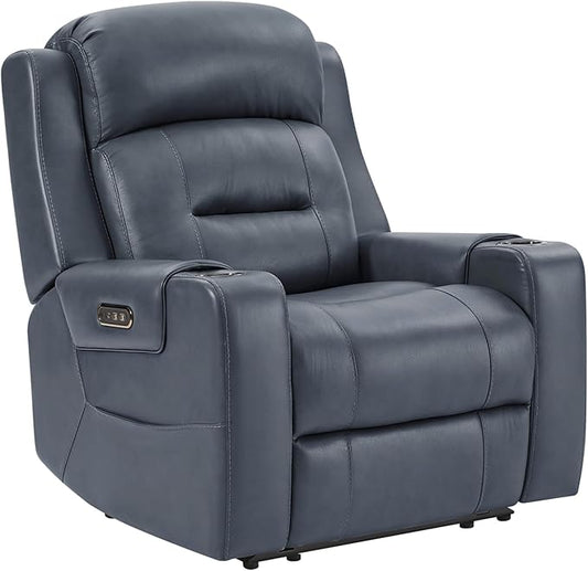 Watson & Whitely Oversized Genuine Leather Power Recliner Chairs for Big and Tall, Extra Wide Lay Flat Recliner with Power Headrest & Cup Holders, Electric Reclining Sofa for Living Room, Navy Blue