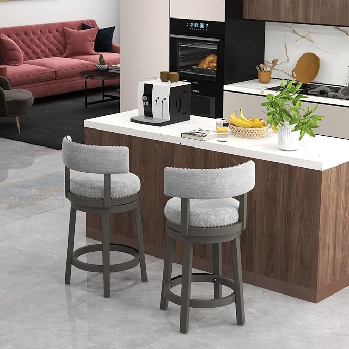 COSTWAY Bar Stool Set of 4, 27-inch 360° Swivel Barstool with Upholstered Back & Seat, Solid Rubber Wood Legs & Footrest, Farmhouse Counter Height Chair for Home, Bar, Cafe, Grey (4, Seat height 27‘’)