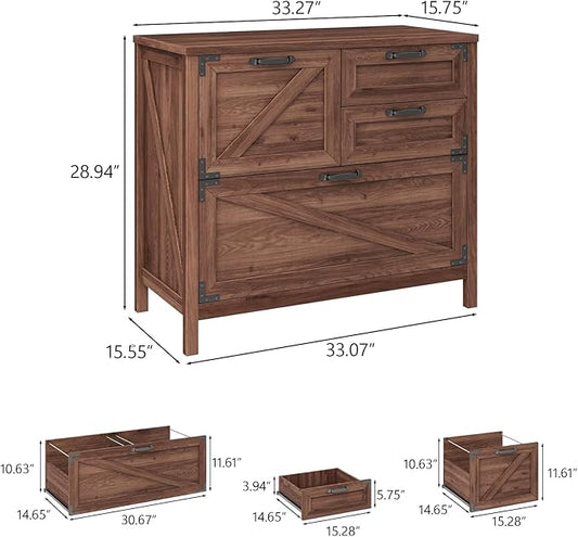 Lateral File Cabinet with 4 Drawers, Farmhouse File Cabinet for Letter/Legal/A4 Size Hanging Files, Large Wood File Storage Cabinets Printer Stand for Home Office Cabinets, Rustic Brown