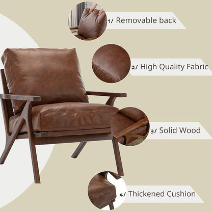Wahson Brown Leather Accent Chair Mid Century Modern Chair, Retro Upholstered Armchair with Wood Frame and Removable PU Cushions, Large Compfy Leisure Slipper Chair for Living Room/Bedroom