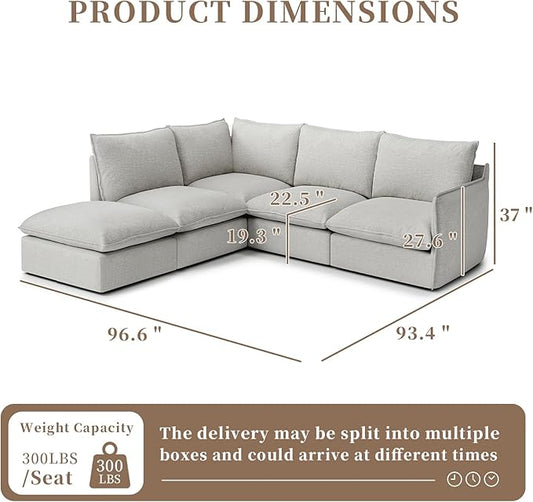 Waterproof Cloud Sectional Sofa for Living Room,High Backrest Down Filled Couches,5 Seater Oversized Modular V-Shaped Sofa,Detachable Couch Covers,Light Grey