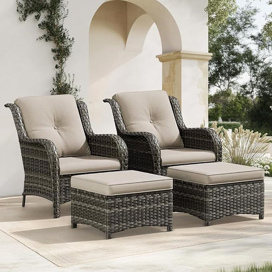 4 Pieces Patio Conversation Set, Wicker Chairs Set of 2 and Two Ottomans with 3.5-inch Seat Cushions, High Back and Curved Armrest for Backyard, Balcony and Deck, Beige
