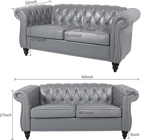 LEVNARY Leather Sofa, Chesterfield Tufted Upholstered 2 Seater Couch, Modern Loveseat Couch Classic Furniture for Living Room Bedroom (Gray)