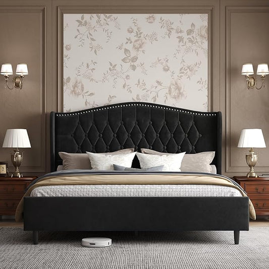 Belffin Queen Bed Frame with Headboard, Luxury Upholstered Velvet Platform Bed with Wingback, Button Tufted & Nailhead Trim, Anti-Slide Tall Footboard, No Box Spring Needed, Noise-Free, Black