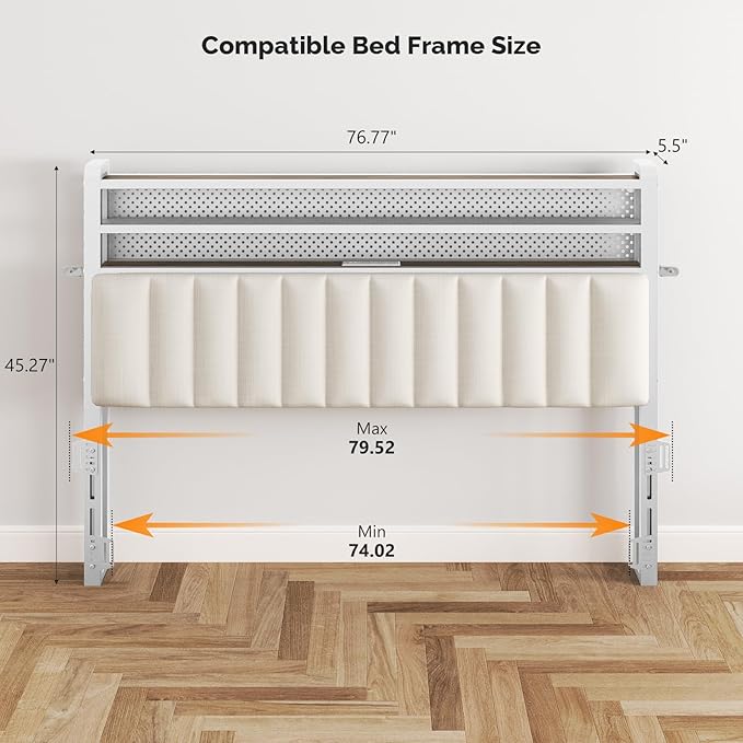 VINGLI King Size Headboard Only, Adjustable Upholstered Headboard with 3 Tier Shelves and Pegboard with Charging Stations and LED Lights, Modern Bed Headboard with Storage for Bedroom Decor