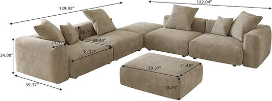Oversized Modular Sectional Sofa with Ottomans,6 Seater Corduroy V Shaped Reversible Corner Couch,141.73" Convertible Sofa & Couch Free Combination for Living Rooom,Brown