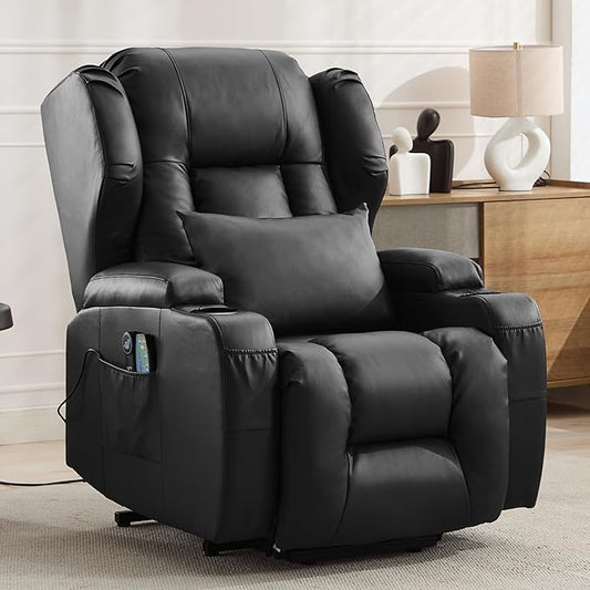 Power Lift Recliner Chair for Elderly, Electric PU Leather Reclining Single Sofa with Massage & Heat, Side Pocket, Cup Holders and USB/Type-C Charge Port for Living Room (Black)