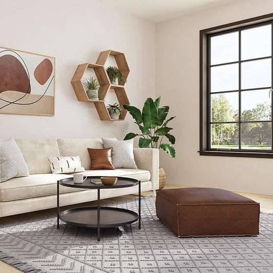 SIMPLIHOME Brody 30-inch Wide Large Square Coffee Table Pouf in Distressed Dark Brown, Vegan Faux Leather Ottoman, Footrest, or Extra Seating for Living Room, Assembled