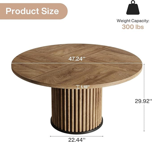 Tribesigns Round Dining Table for 4-6, 47-Inch Modern Circle Kitchen Table with Fluted Round Base, Farmhouse Wood Dinner Table for Dining Room, Kitchen, Living Room, Brown