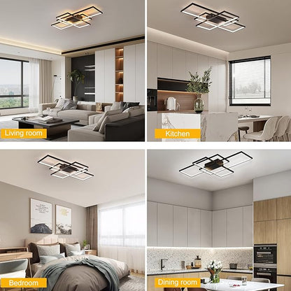 GEADI Large Modern LED Ceiling Light, 35.4" Dimmable Flush Mount Ceiling Lights with Remote Control, Black 3 Rectangular Light Fixtures for Kitchen Bedroom Dining Room(3000-6500K)