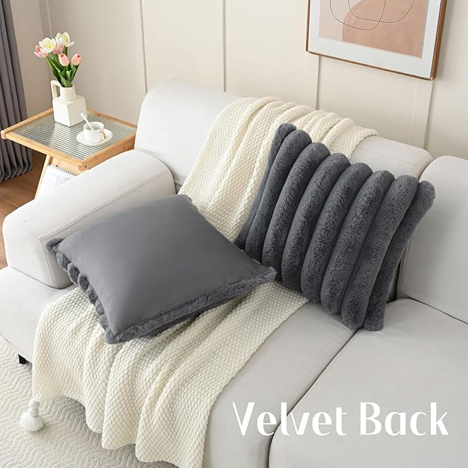 FUTEI Dark Grey Decorative Throw Pillow Covers 24x24 Inch Set of 2, Square Soft Faux Rabbit Fur Big Striped Pillow Sham,Home Decor for Couch Sofa Bed Living Room