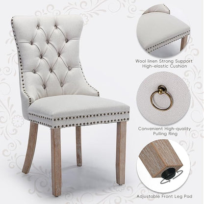 Linen Upholstered Dining Chairs Set of 2, Modern Style Kitchen Side Chairs with Nailhead Trim and Wood Leg, Metal Pulling Ring for Dining Room Living Room(Beige,Set of 2)