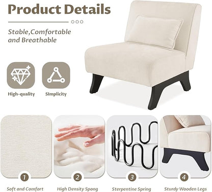 Upholstered Armless Accent Chair,Modern Comfy Living Room Chairs with Wooden Legs& Pillows,Lounge Sofa Side Chair for Bedroom Farmhouse Reading (Beige, 1 PC)