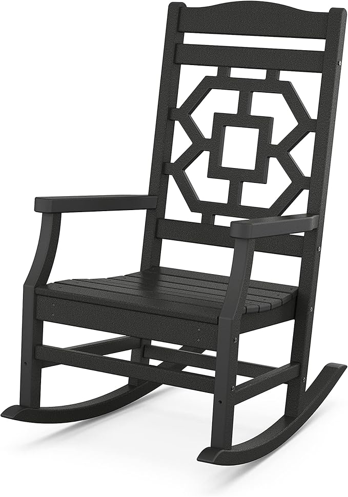 Martha Stewart by POLYWOOD Chinoiserie 3-Piece Outdoor Rocking Chair Set with Patio Side Table, Black, HDPE All-Weather Furniture, Classic Porch Rockers for Deck, Garden & Backyard, Made in The USA