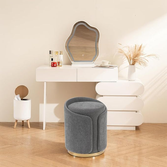 Swivel Vanity Stool with Gold Base Comfy Vanity Chair Modern Round Stool for Makeup Vanity Ottoman Foot Rest for Bedroom livingroom (Dark Gray)
