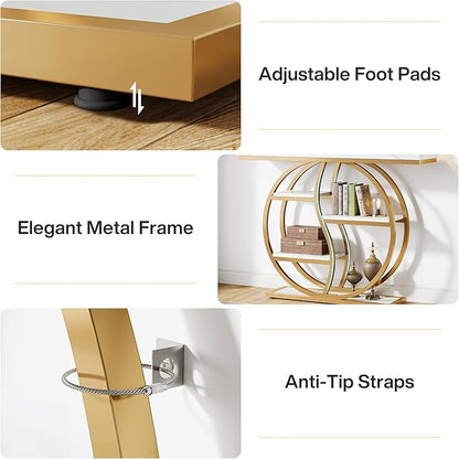 Tribesigns 47.24" Industrial Console Table, 5-Tier Entryway Table with Adjustable Feet, Narrow Long Sofa Table with Storage Shelves for Living Room, Hallway, Behind Couch, Anti-Tip Design (White Gold)
