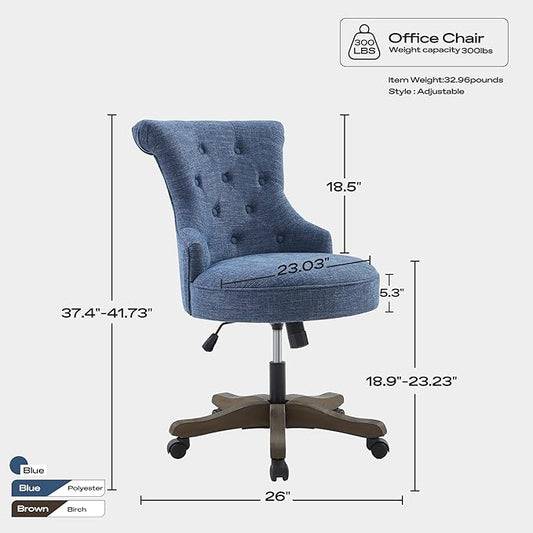 Home Office Chair Adjustable Height Swivel Chair with Wheels Linen Fabric Upholstered Computer Desk Chair with Wooden Legs Comfortable Armless Chair for Home Office Study Studio(Blue)