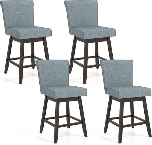 COSTWAY Swivel Bar Stools Set of 4, 27" Counter Height Bar Chairs with Rubber Wood Legs, Upholstered Linen Barstools with Back & Cushioned Seat, for Kitchen Island, Home, Pub, Grey