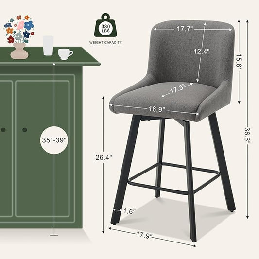 Swivel Bar Stools Set of 2, 26''H Upholstered Barstools with Backs, Modern Counter Height Bar Stool Chairs for Kitchen Island, Metal Legs, Fabric, Gray Counter Stools