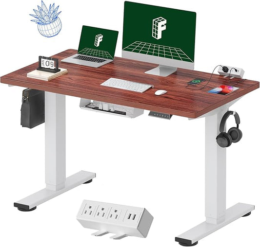 FLEXISPOT EN2 Whole-Piece Standing Desk with Clamp Power Strip, 48 x 24 Electric Stand Up Height Adjustable Desk with Cable Management (White Frame + 48" Mahogany Desktop, 2 Packages)
