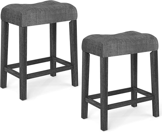 COSTWAY Wooden Saddle Stools Set of 2, 24-inch Counter Height Upholstered Backless Bar Stools with Solid Rubber Wood Legs, Padded Seat, Farmhouse Dining Chairs for Kitchen Island, Cafe, Grey