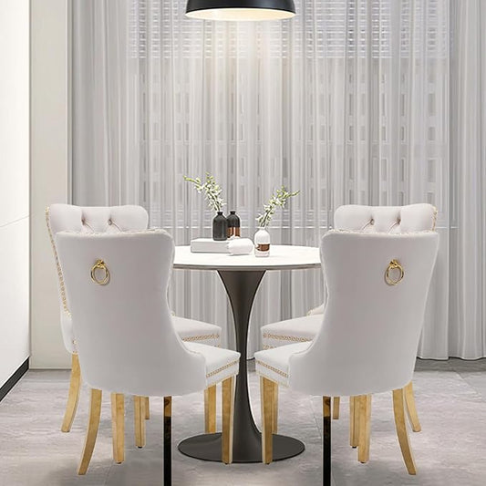 Velvet Upholstered Dining Chairs Set of 4, Modern Style Kitchen Side Chairs with Nailhead Trim and Gold Plated Leg, Metal Pulling Ring for Dining Room Living Room(Beige-Gold Plated Leg)