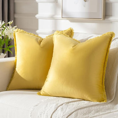 FUTEI Lemon Yellow Velvet Decorative Throw Pillow Covers 24x24 Set of 2,Soft Cozy Edge with Tassels European Cushion Case,Boho Modern Home Decor for Couch Bed Living Room