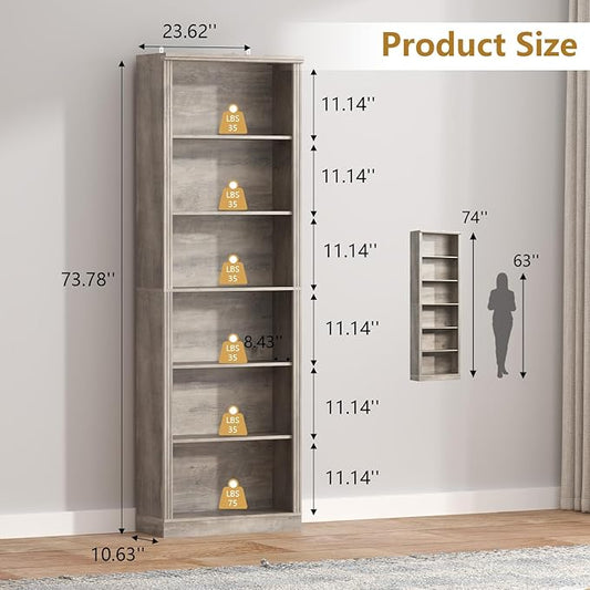 75" Tall Bookshelf & Bookcase Set of 2, 6-Tier Adjustable Storage Shelves, Book Shelf with Anti-Tipping Device, Floor Standing Modern Display Rack for Living Room, Bedroom, Office, Grey