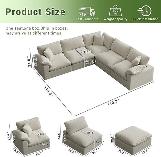 Cloud Modular Sectional Sofa,211.6" Down Filled Sofa 5 Seat with Chaise,Minimalist Sofa Cover Washable and Replaceable Couches for Living Room,Sectional Sofa Deep Seat 1