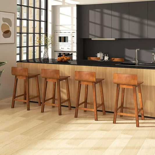 COSTWAY Solid Wood Bar Stools Set of 4, 24.5-inch Counter Height Chairs with Low Back and Footrest, Farmhouse Wooden Armless barstools for Kitchen Island, Dining Room, Cafe, Breakfast, Brown
