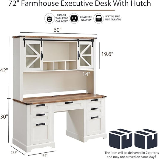 RedLemon 60" Farmhouse Desk with Hutch, Wood Home Office Executive Desk with Drawer, Charging Station, Keyboard Tray, File Drawer, Storage Cabinet, Rustic Writing Computer Desk (Antique White)