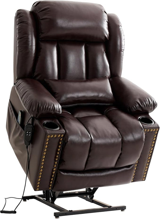 Dual Motor Large Power Lift Recliner Chair for Elderly with Heat and Massage,Lay Flat Lift Chairs Recliners for Seniors Infinite Position,USB Ports&Remote, Leather (Brown, Large)