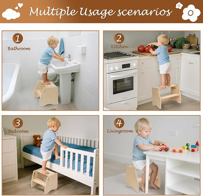 Step Stool for Toddlers & Kids - Wooden Height Adjustable Kids 2 Step Stool with Safe Non-Slip Pads - Potty Training Stool for Bathroom Sink, Bedroom,Kitchen Dual Height Step Stools for Kids(Natural)