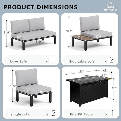 MFSTUDIO 6 Pieces Outdoor Patio Furniture Set with Fire Pit Table, Metal Outdoor Sectional Sofa Conversation Set for Backyard,Garden