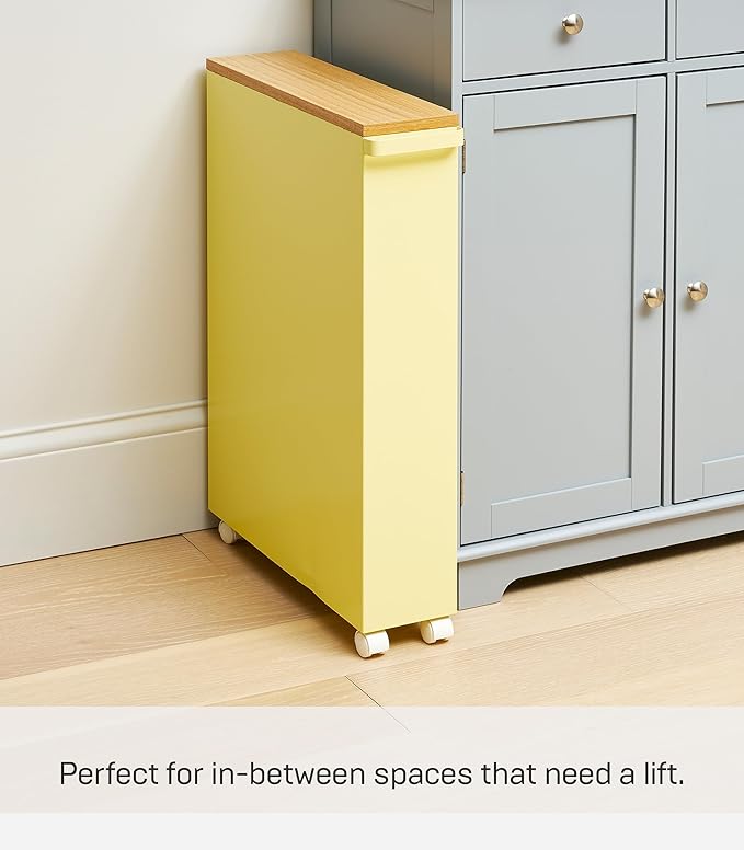 YAMAZAKI Home Slim Rolling Storage Cart – Narrow Bathroom Storage Cabinet with Handle, Slim Bathroom Storage Cart with Wheels, Easy Assembly, Steel + Wood, Yellow