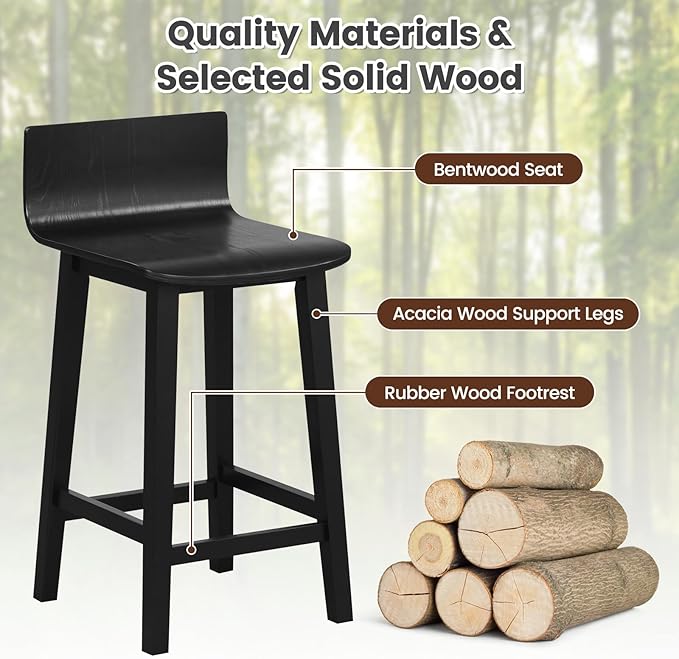 COSTWAY Solid Wood Bar Stools Set of 4, 24.5-inch Counter Height Chairs with Low Back and Footrest, Farmhouse Wooden Armless barstools for Kitchen Island, Dining Room, Cafe, Breakfast, Black