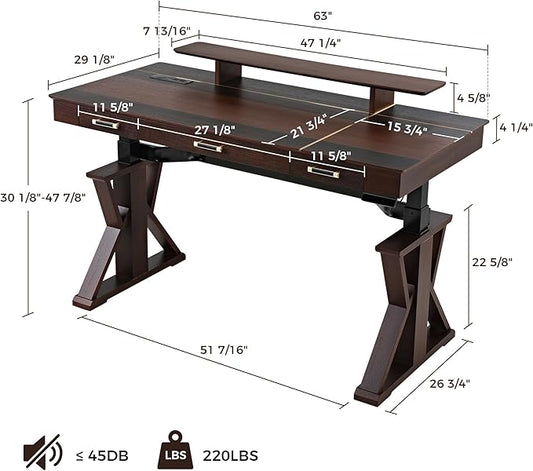 EUREKA ERGONOMIC Ark SWS Standing Desk, 63 inch Executive Desk w Drawers,Modern X-Shaped Leg Luxury Home Office Computer Desk w Monitor Stand,Colorblock Smoked Oak