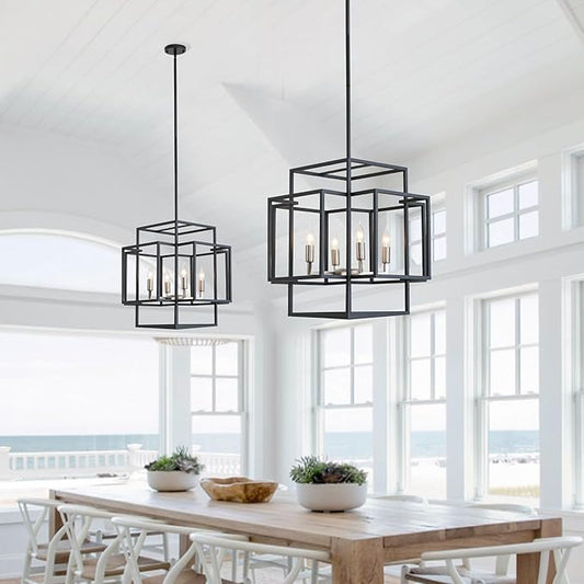 4-Light Farmhouse Chandeliers for Entryway, Industrial Foyer Lighting Fixtures, Foyer Chandeliers for High Ceilings, Modern Pendant Lights for Staircase Dining Room Kitchen Island, Black & Silver