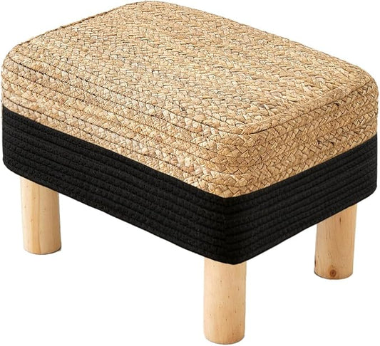 Ottoman Foot Stool Rectangular Footrest Natural Seagrass Footstool with Wooden Legs Hand Weave Multifunctional Modern Dressing Stool, Sofa Side Table for Bedroom for Living Room (Black)