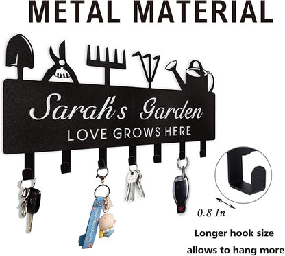 Personalized Key Holder for Wall, Custom Name Wall Mounted Black Key Hanger with Horticultural Garden Design, Key Racks Organizer for Hallway Entryway Front Door Storeroom Decor