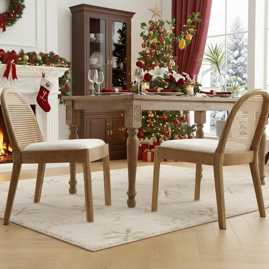 Upholstered Wooden Dining Chairs Set of 2, Farmhouse Kitchen & Dining Room Chairs with Cane Back, Accent Rattan Dining Table Chairs Sherpa Seat for Kitchen/Restaurant/Living Room, White