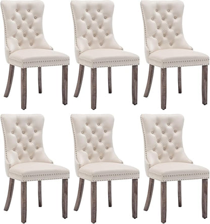 Velvet Dining Chairs Set of 6, Upholstered Dining Room Chairs with Nailhead Ring Pull Trim, Button Tufted Wing Back Chairs for Dining with Solid Wood Legs for Kitchen Dining Room(Beige)