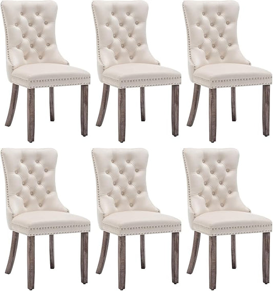Velvet Dining Chairs Set of 6, Upholstered Dining Room Chairs with Nailhead Ring Pull Trim, Button Tufted Wing Back Chairs for Dining with Solid Wood Legs for Kitchen Dining Room(Beige)