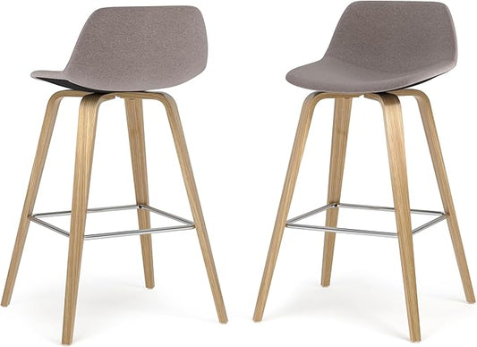 SIMPLIHOME Randolph Counter Stools (Set of 2) - 28 Inch Seat Height Upholstered Bentwood Kitchen Seats in Mocha Polyester Linen, Mid Century Modern Seating with Curved Backrest and Chrome Footrest