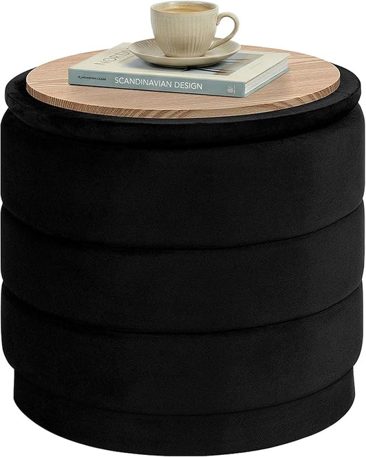 PINPLUS Round Velvet Ottoman Tray, Black Upholstered Decorative Accent for Footstool or Coffee Table, Removable Serving Surface