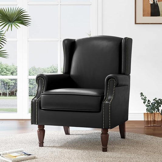 Lumibee Accent Chair, Faux Leather High Back Armchair or Living Room, Comfy Upholstered Single Sofa Reading Chair with Solid Wood Legs for Office, Bedroom, Waiting Room-Black
